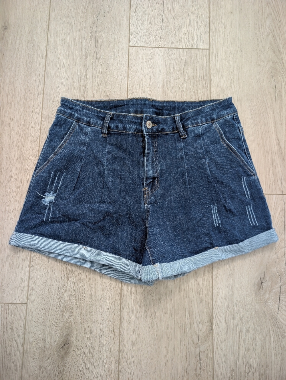 Women's Dark Blue Denim Shorts | High Rise With Cuff Hem
